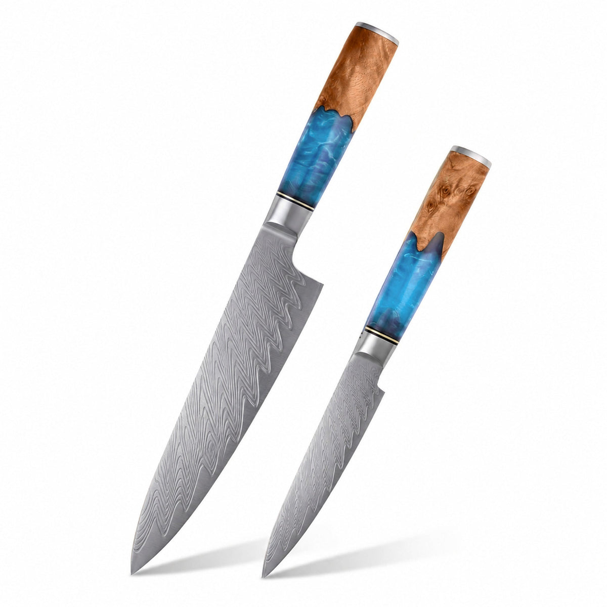 Set de 2 couteaux acier damas Mer Jaune manche bleu et bois