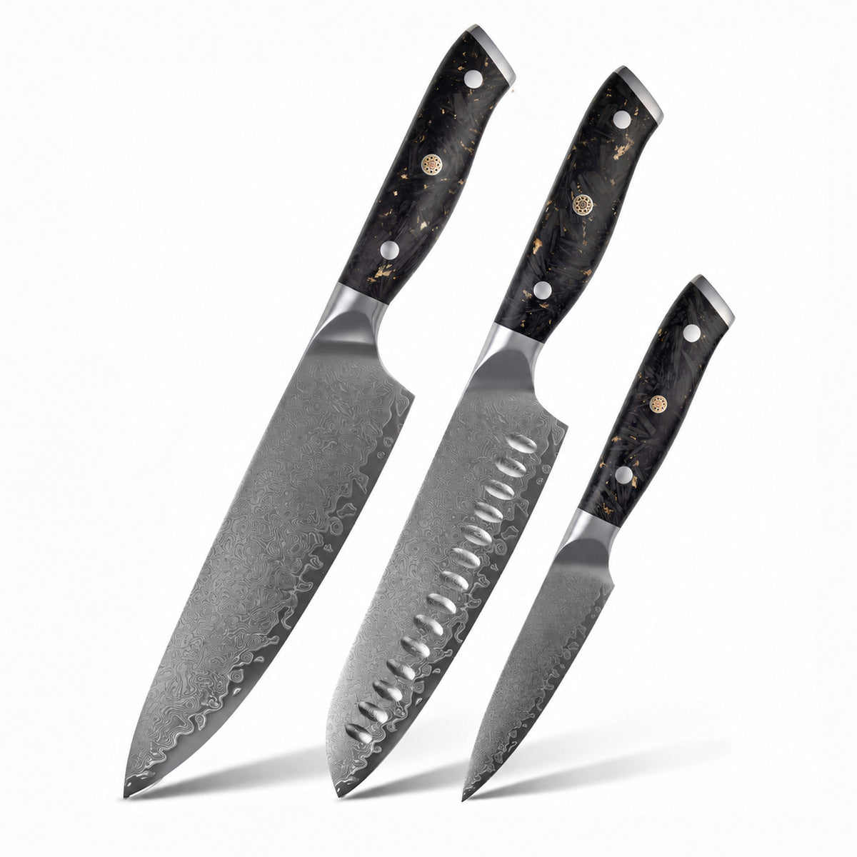 Set de 3 couteaux Yakumoto acier damas manche carbon gold