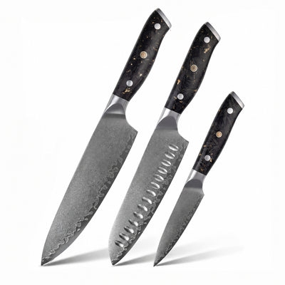 Set de 3 couteaux Yakumoto acier damas manche carbon gold