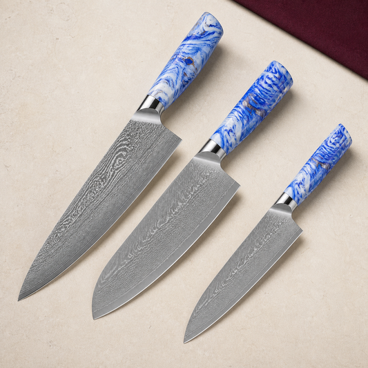Set de 3 couteaux — Azur Essentiel, présentation des 3 couteaux sur fond ivoire