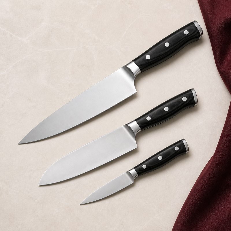 Set de 3 couteaux — Ébène Noir Essentiel, présentation des 3 couteaux sur fond ivoire