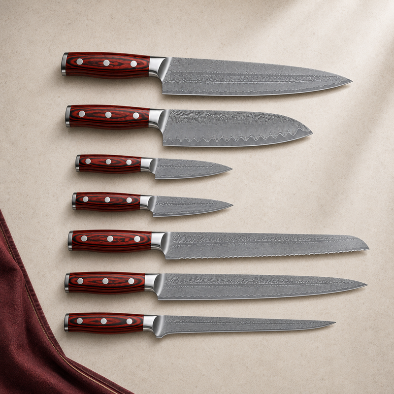 Set de 7 couteaux — Grenat Expert, présentation des 7 couteaux sur fond ivoire