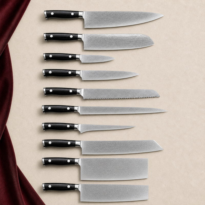 Set de 10 couteaux — Kage Atelier, présentation des 10 couteaux sur fond ivoire