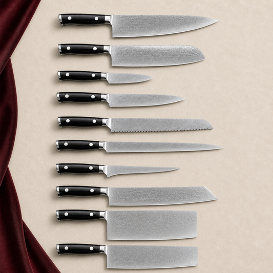 Set de 10 couteaux — Kage Atelier, présentation des 10 couteaux sur fond ivoire