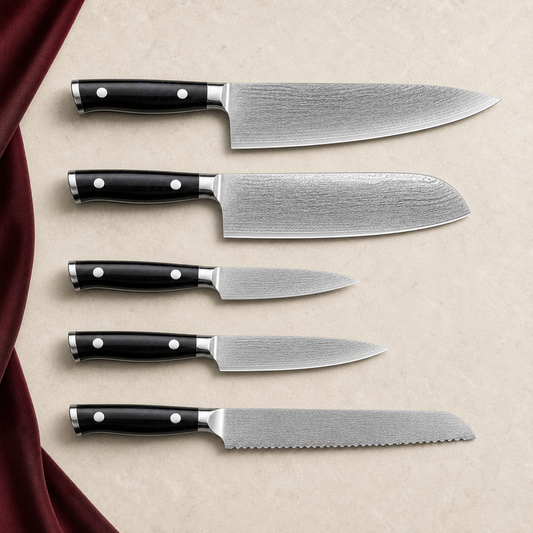 Set de 5 couteaux — Kage Cuisine, présentation des 5 couteaux sur fond ivoire