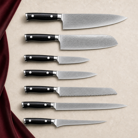 Set de 7 couteaux — Kage Expert, présentation des 7 couteaux sur fond ivoire