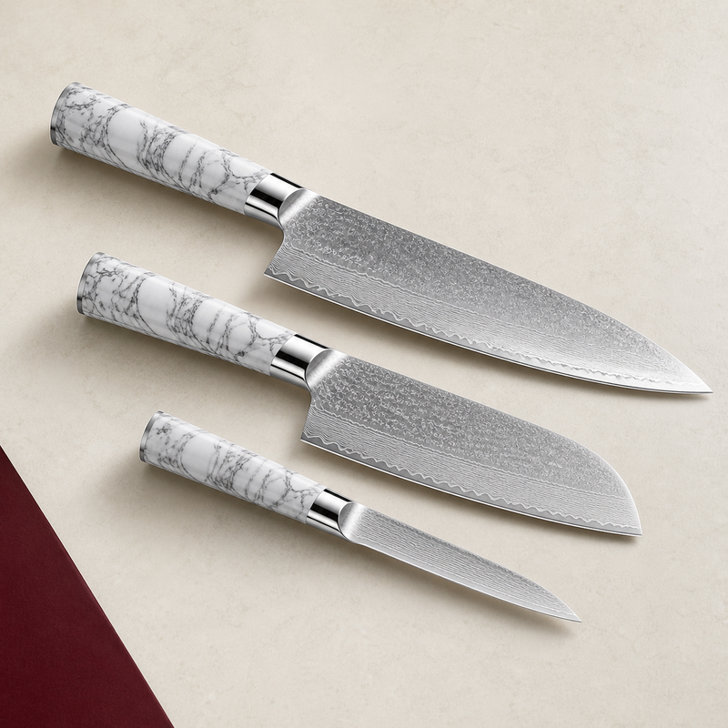 Set de 3 couteaux — Marbre Essentiel, présentation des 3 couteaux sur fond ivoire