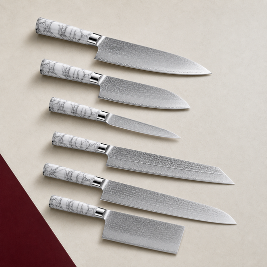 Set de 6 couteaux — Marbre Intégral, présentation des 6 couteaux sur fond ivoire
